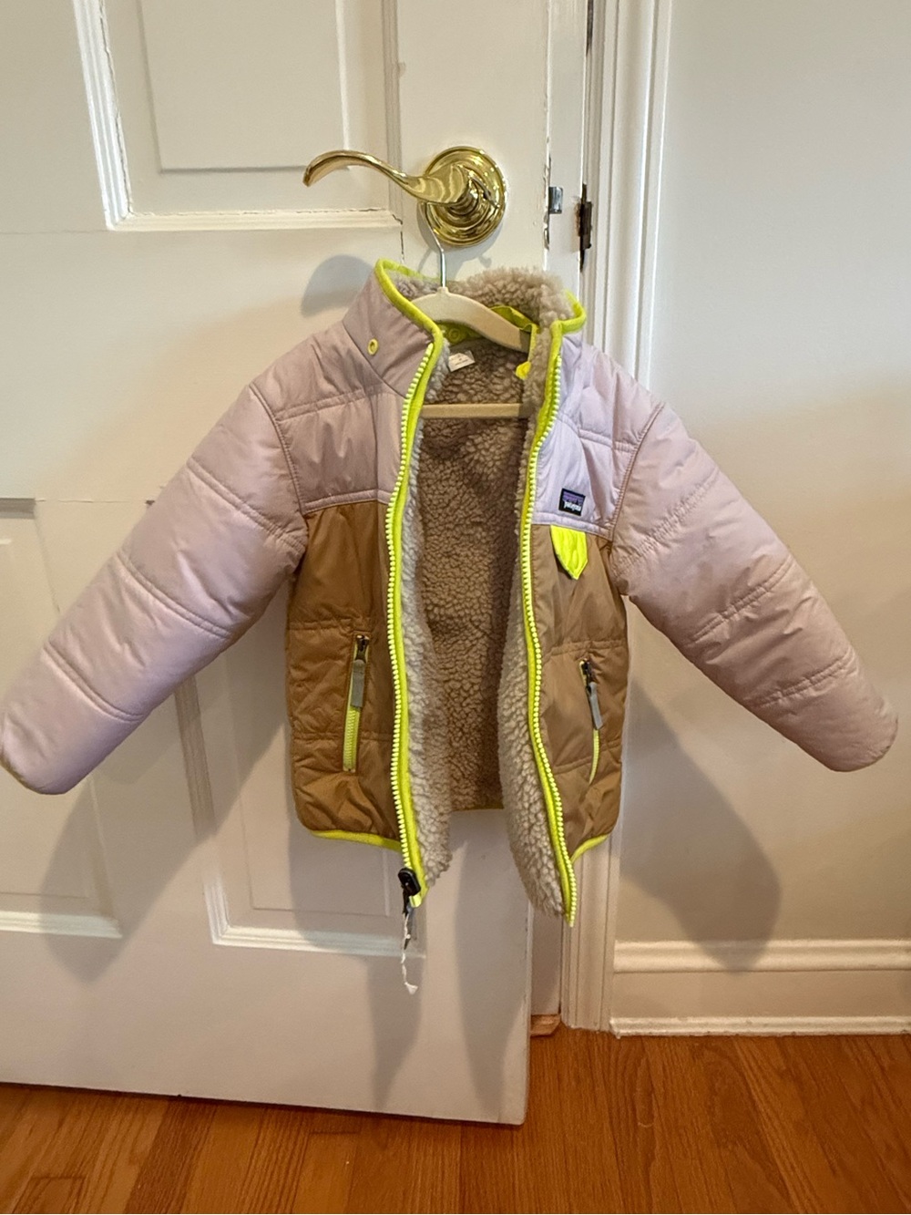 Patagonia Reversible Kids Tribble Puffer Jacket in Pink, Tan & Neon Yellow 3T